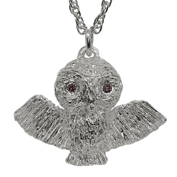 Silver owl good necklace, flying sterling owl necklace with textured details