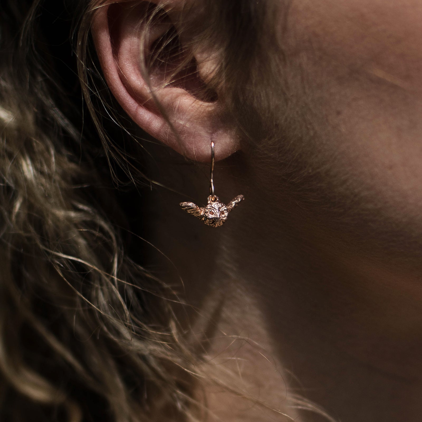 Rose Gold Flying Baby Owl Earrings