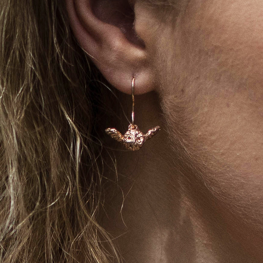 Rose Gold Flying Baby Owl Earrings