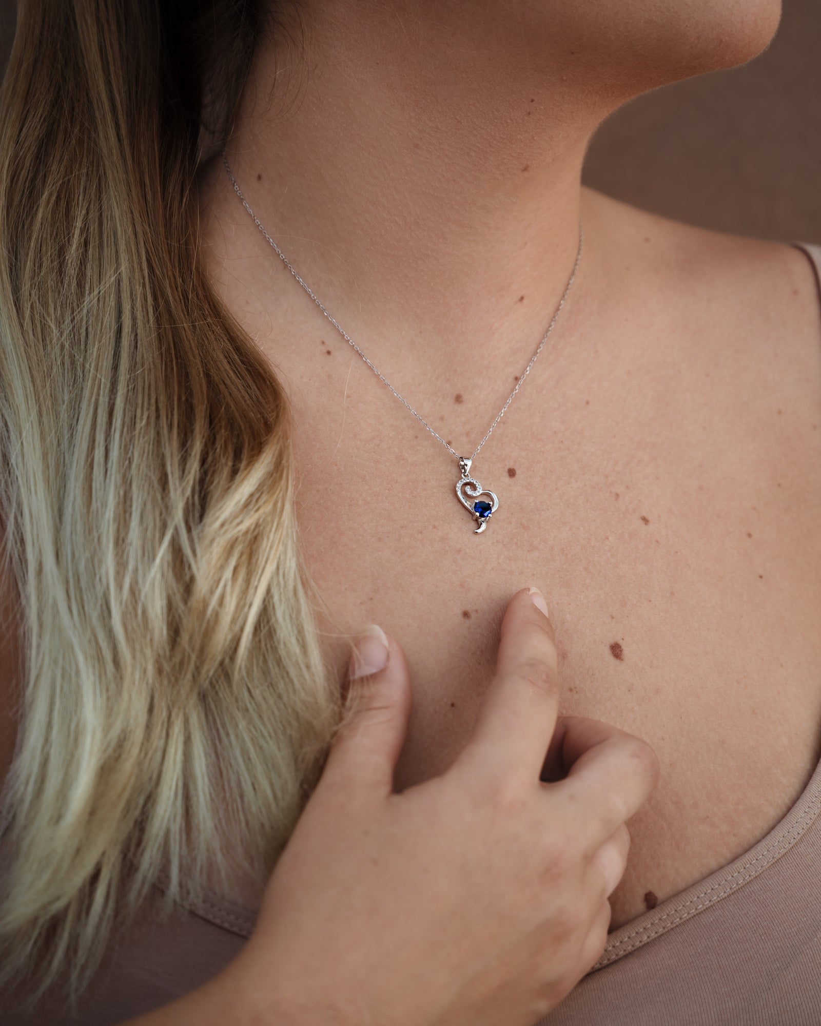 Heart Necklace Sterling Silver Blue Accents