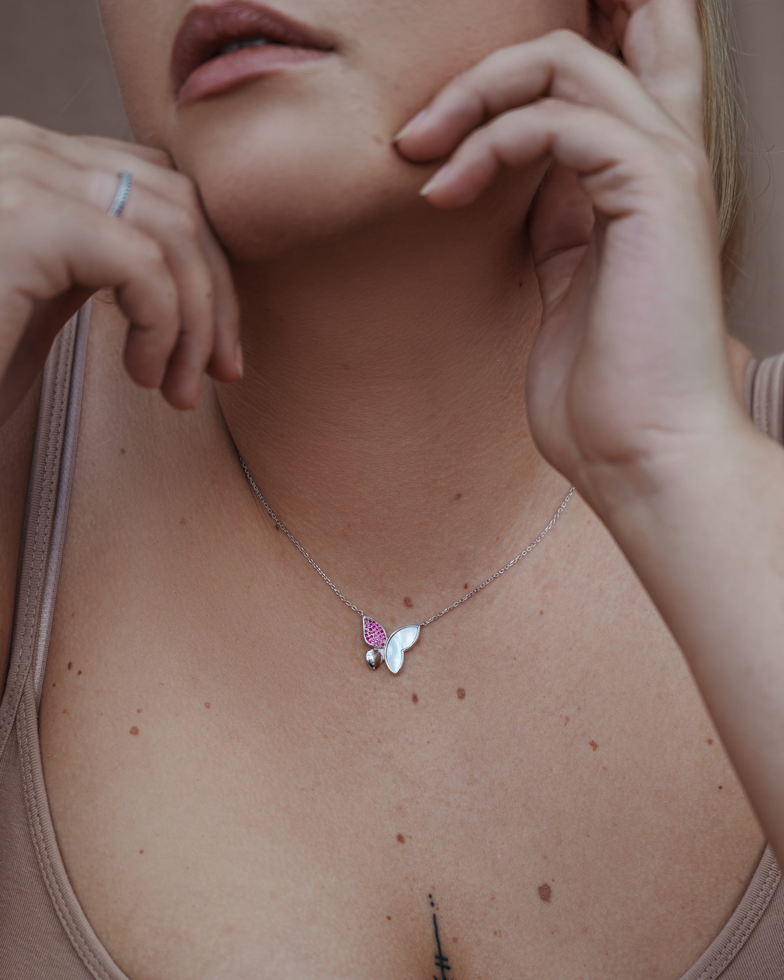 Pink Butterfly Necklace Sterling Silver