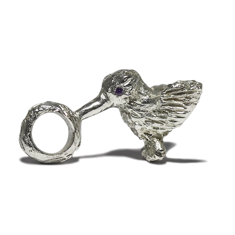 Hummingbird charm in Sterling Silver with Amethyst CZ eyes