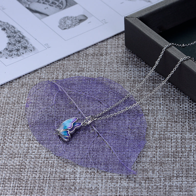 Blue Enamel Butterfly Necklace Sterling Silver