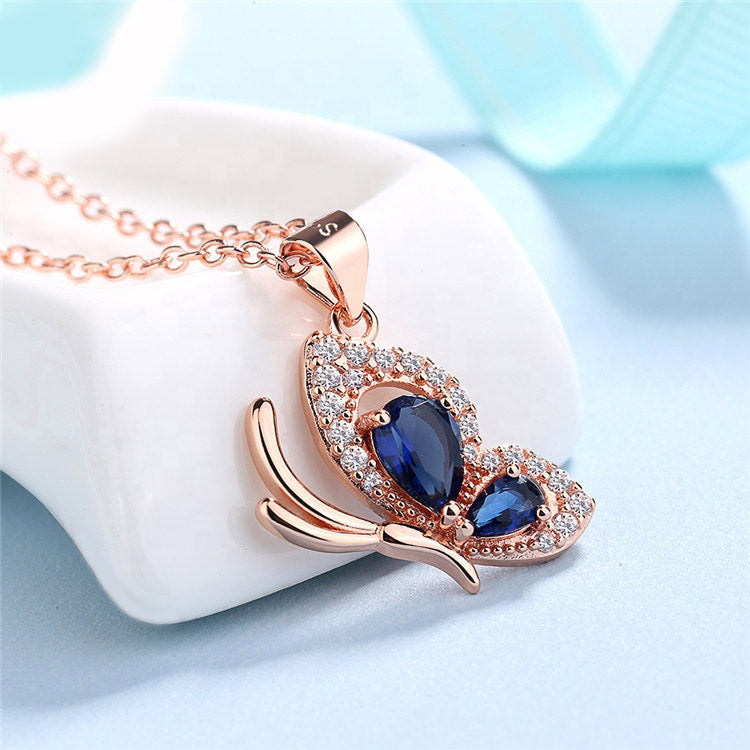 Blue Butterfly Necklace Rosegold