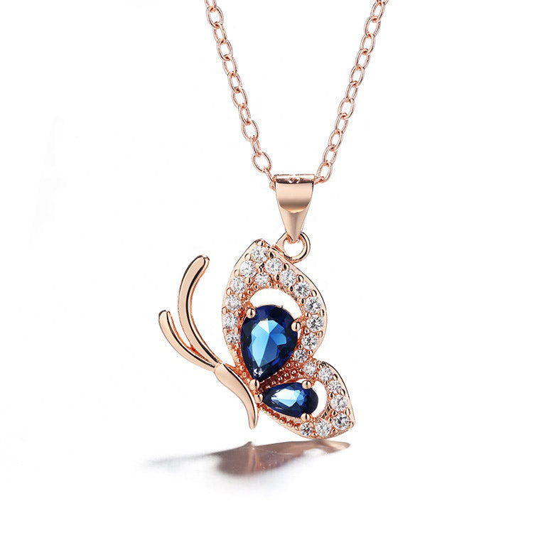 Blue Butterfly Necklace Rosegold