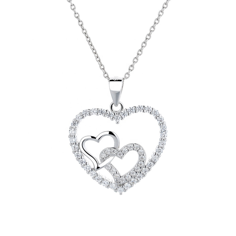 Romantic Double Heart Necklace Sterling Silver