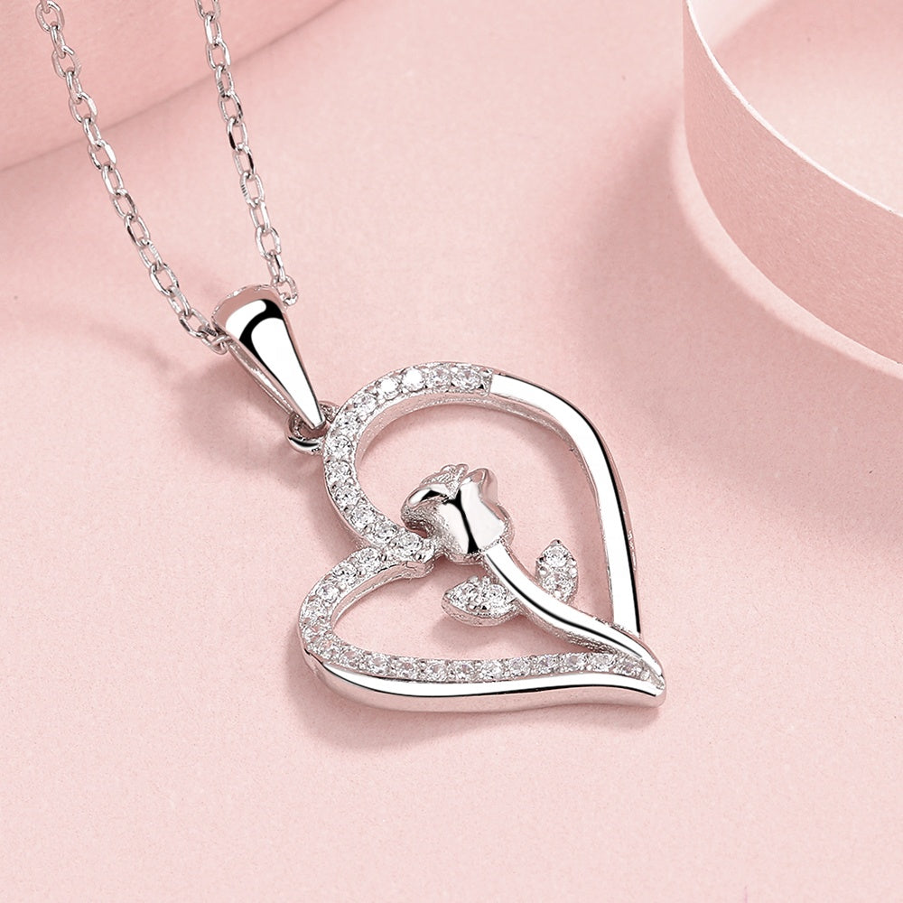 Rose Flower Love Heart Necklace Sterling Silver