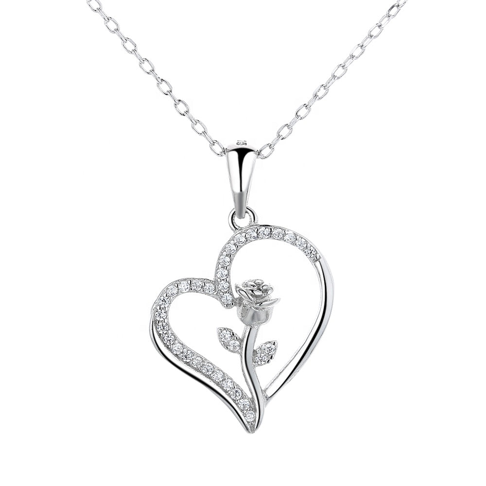 Rose Flower Love Heart Necklace Sterling Silver